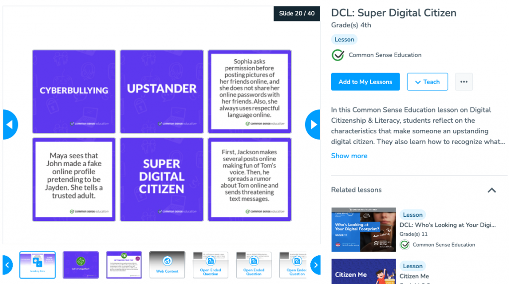 Digital citizen lesson preview and Matching Pairs activity