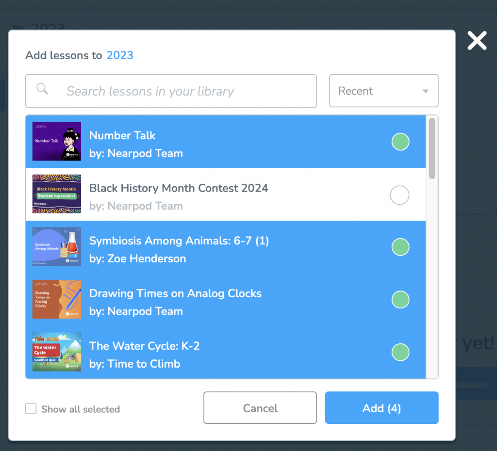 Lesson folders organized by school year on Nearpod